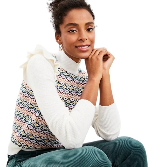 LOFT White Sweater with Multicolor Pattern - Picture 4 of 12